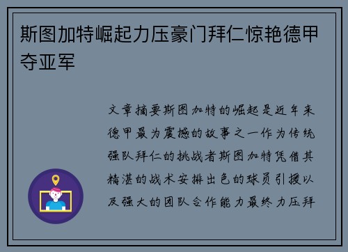 斯图加特崛起力压豪门拜仁惊艳德甲夺亚军